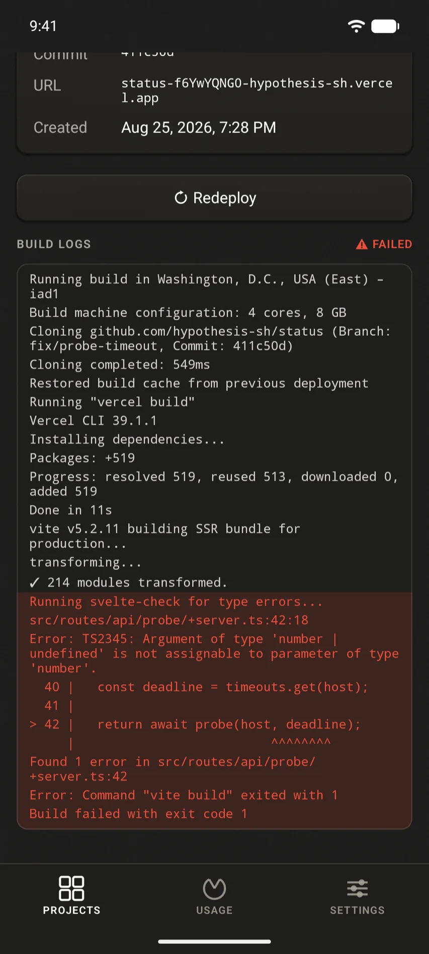Deployment build logs in a monospaced panel