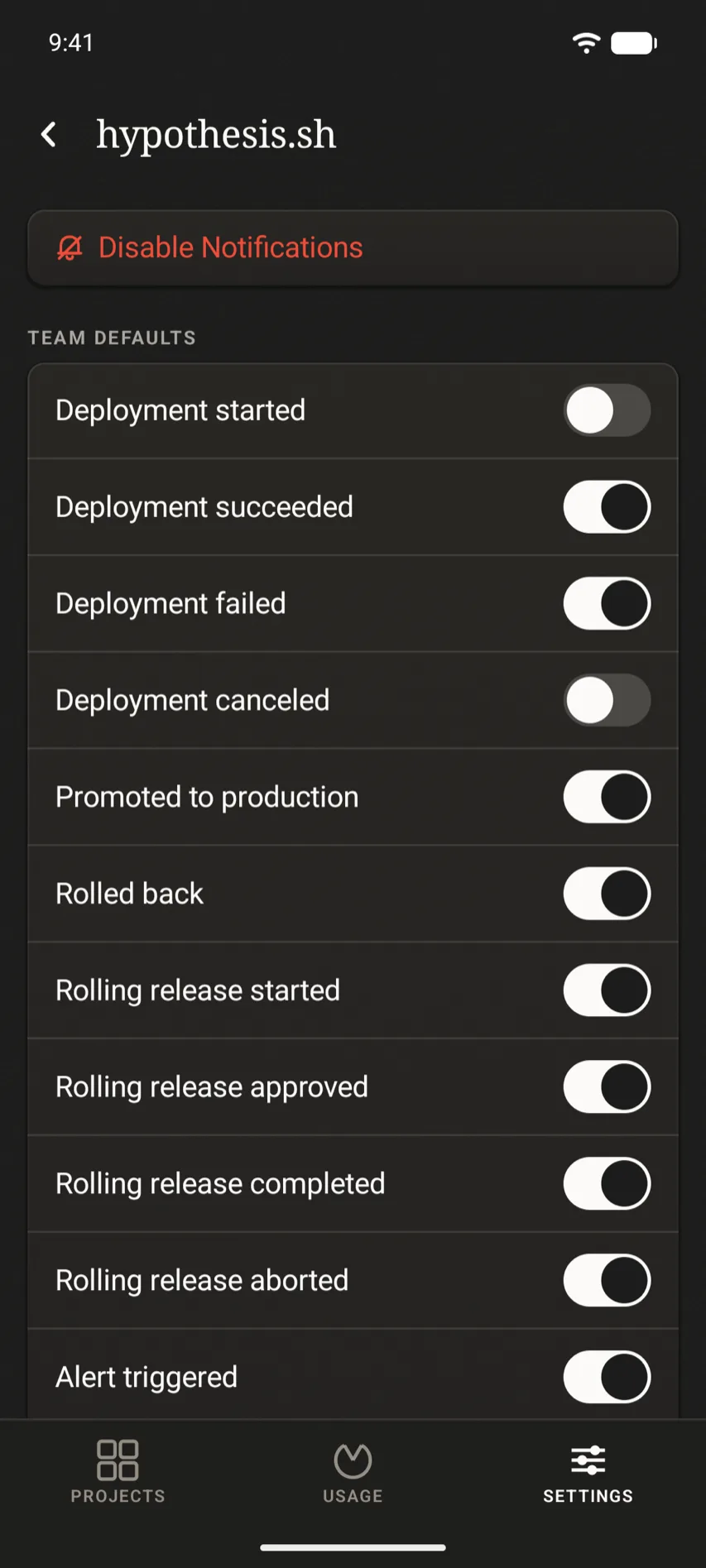 Notification settings showing per-project overrides