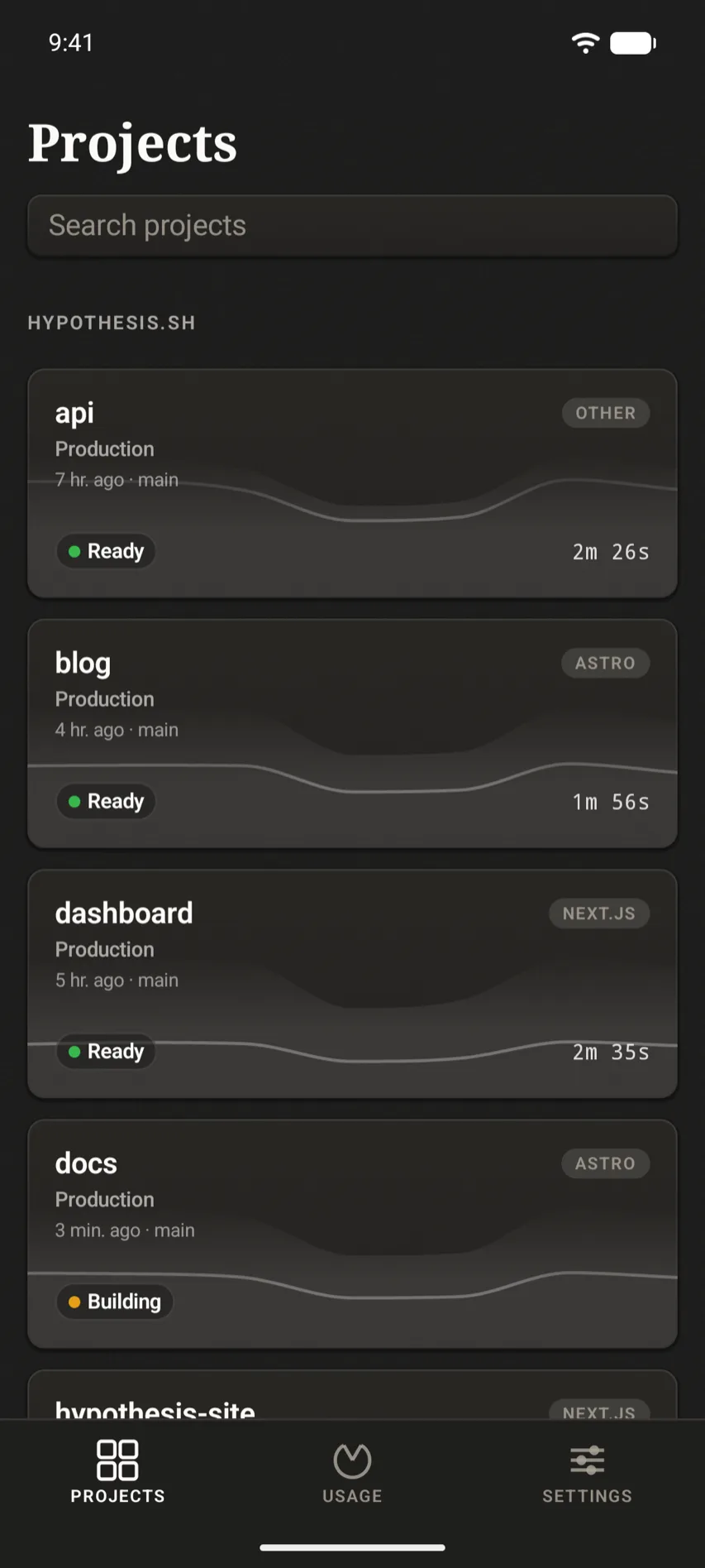 Scalene on Android, listing projects with their deployment status