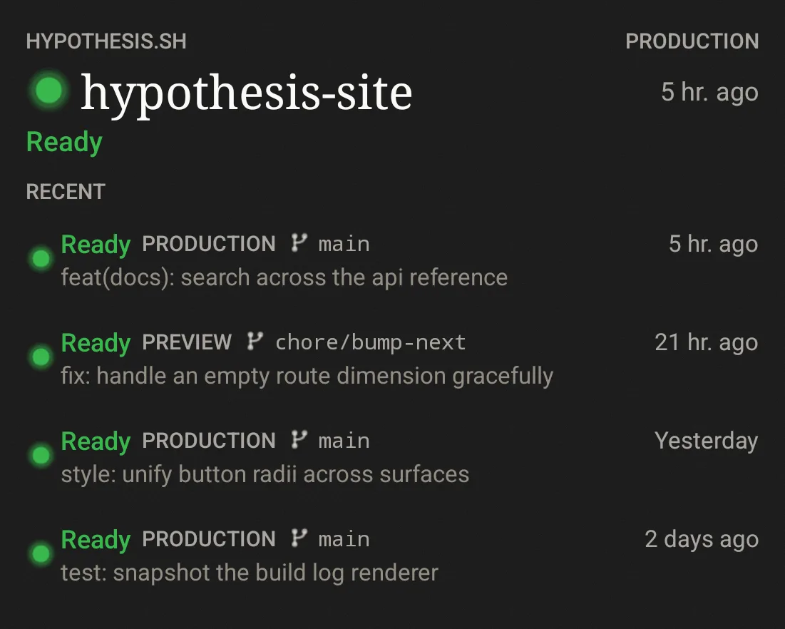 Stretched home screen widget listing recent deployments