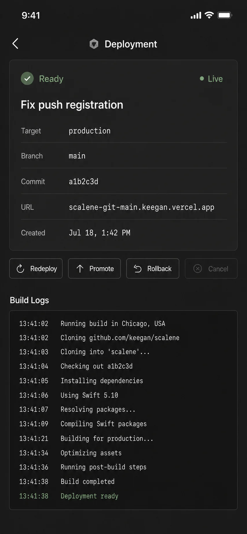 Deployment build logs in a monospaced panel