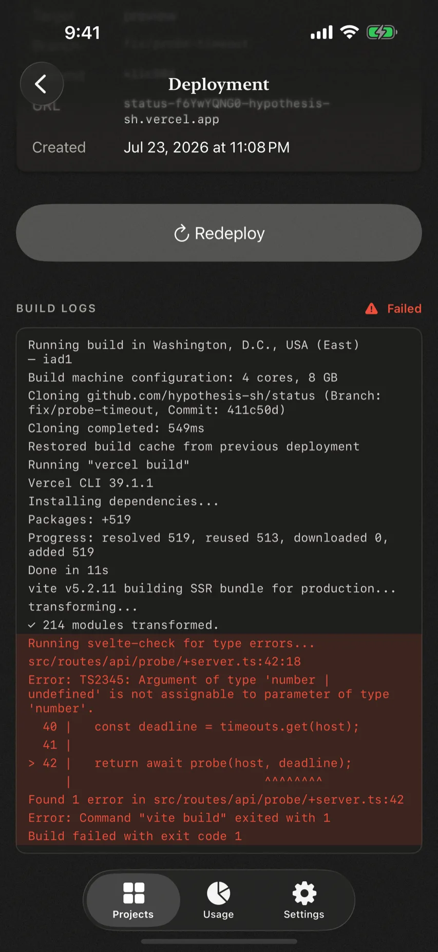 Deployment build logs in a monospaced panel