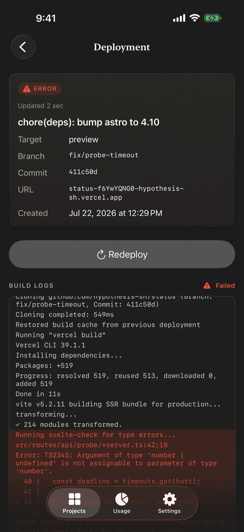 Deployment build logs in a monospaced panel