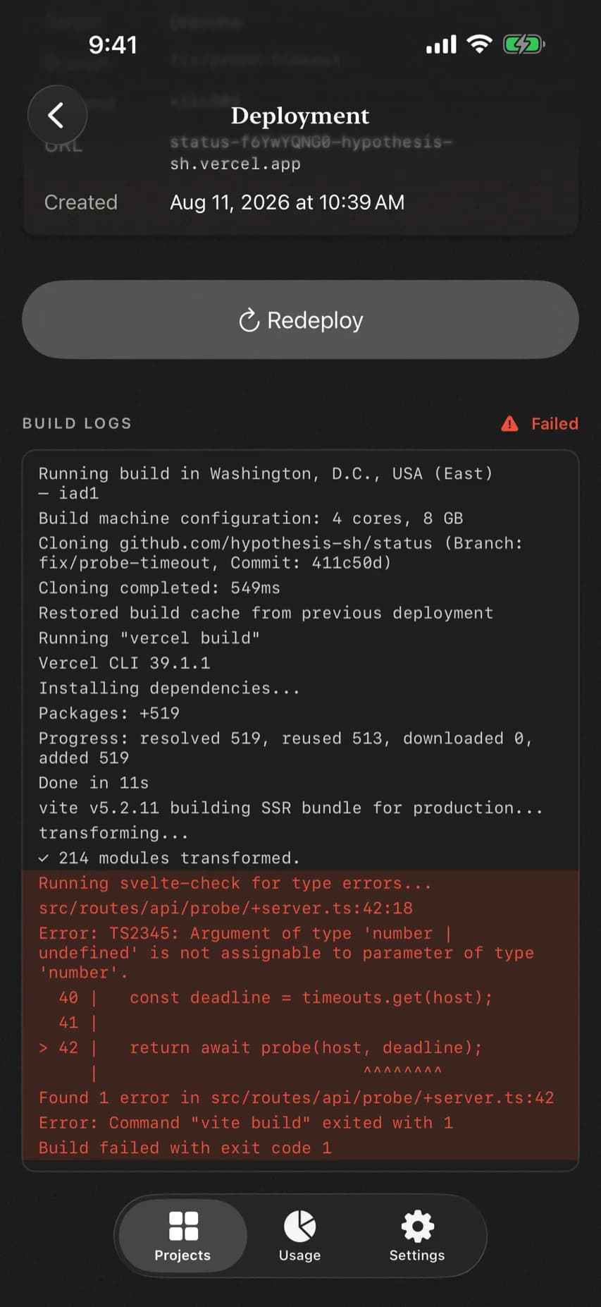 Deployment build logs in a monospaced panel