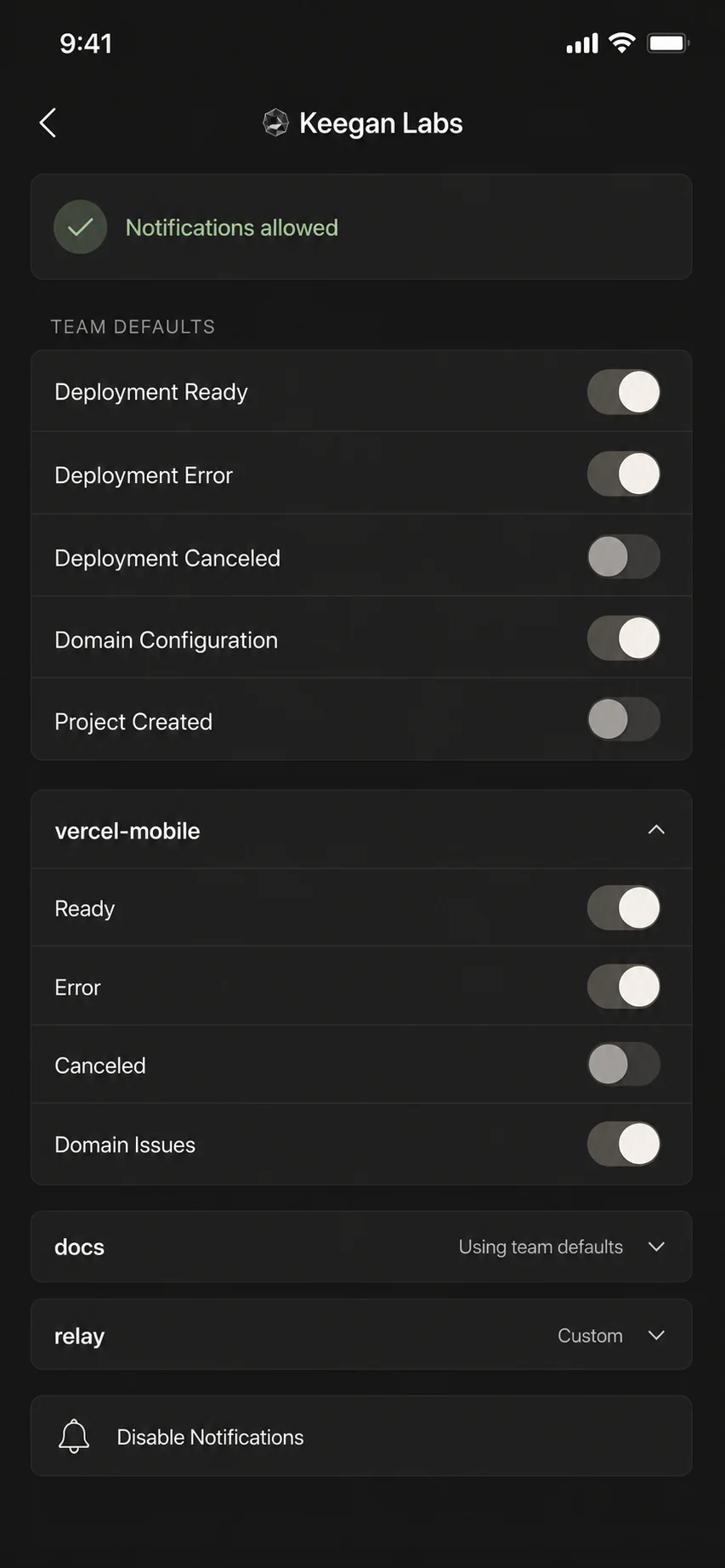 Notification settings showing per-project overrides