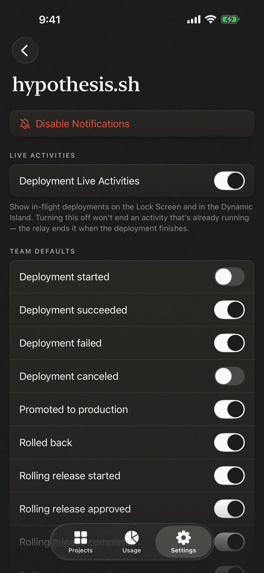 Notification settings showing per-project overrides