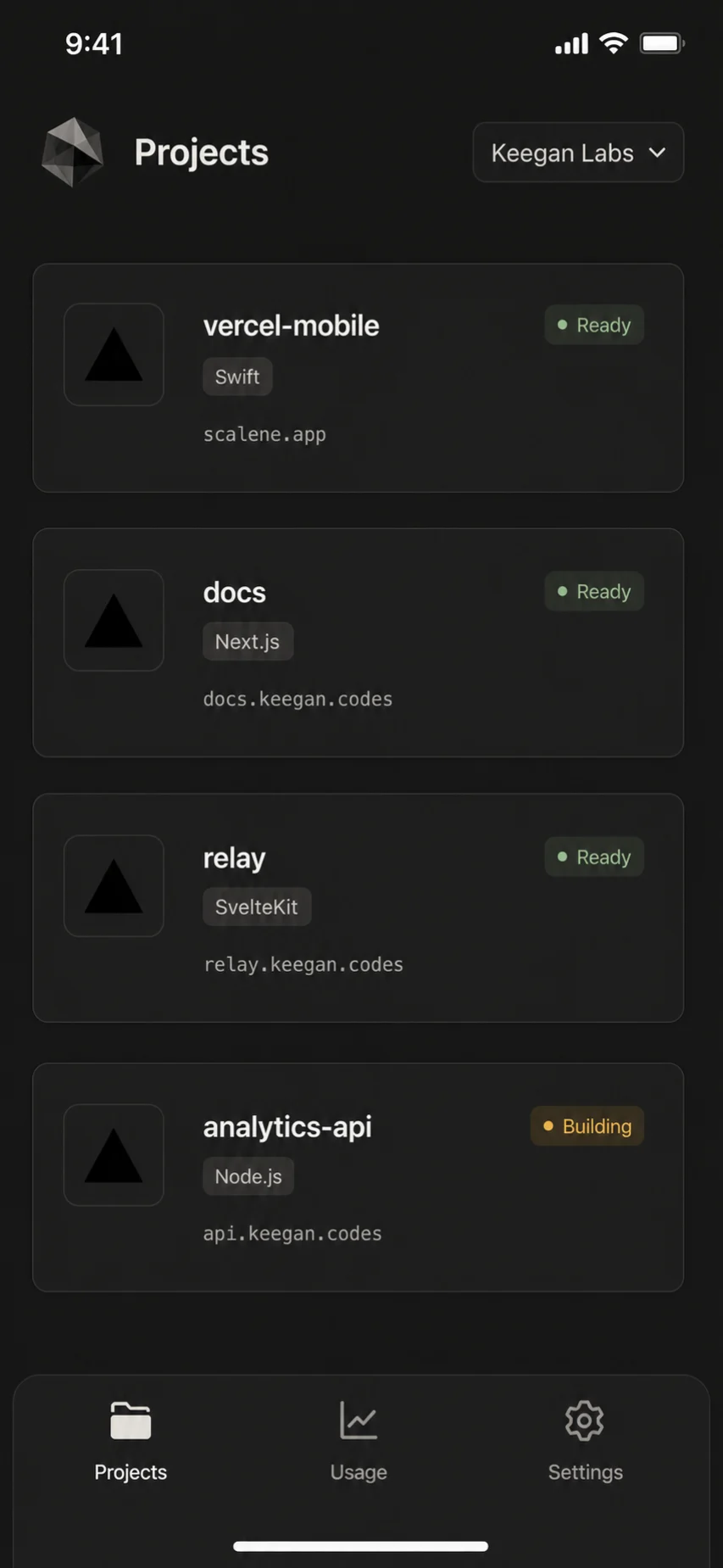 Scalene on iPhone, listing projects with their deployment status