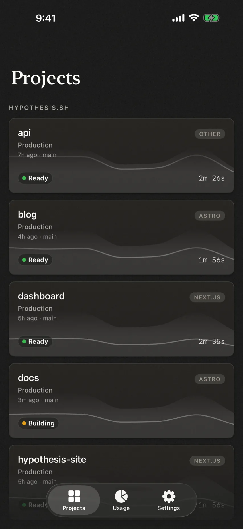 Scalene on iPhone, listing projects with their deployment status