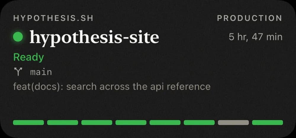 Home Screen widget showing a project's production status and recent deployments